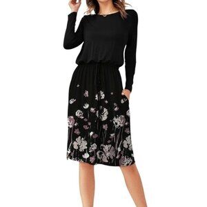Black Floral Womens Midi Dress With Drawstring Waist Size Med Career Dinner